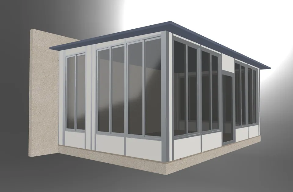 Rendering 3D di una veranda con profili bianchi, pareti vetrate e tetto opaco.