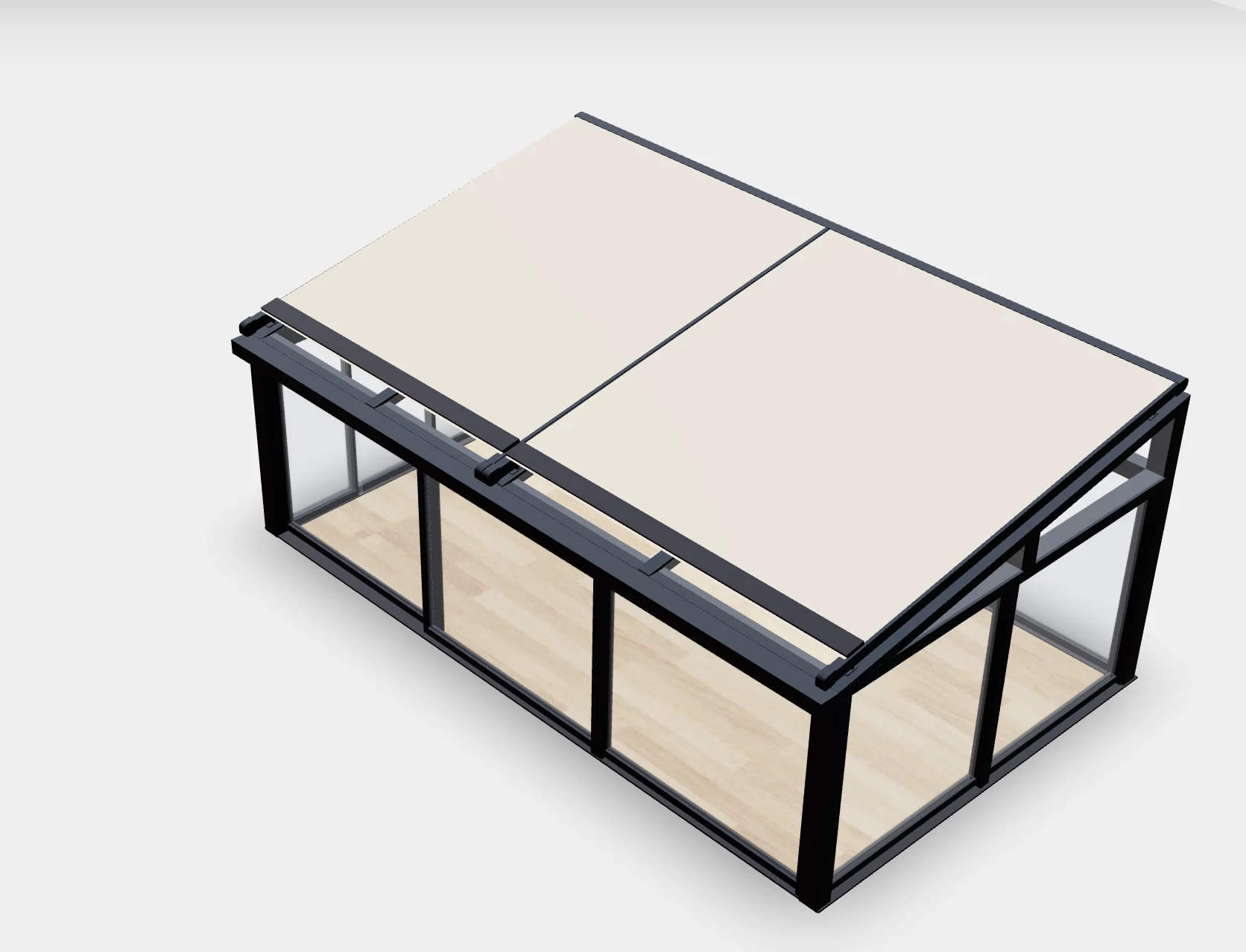 Configuratore 3D di verande e coperture in vetro Vista 3D di una veranda su misura con pannelli di copertura incorniciati e pareti scorrevoli in vetro.